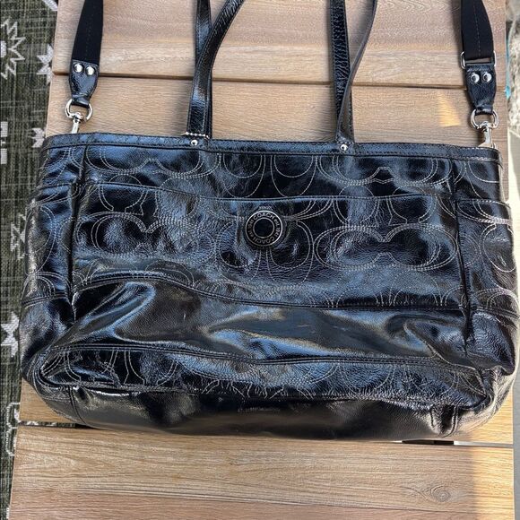 Coach Signature stitched Black patient leather diaper Bag purse laptop carrier - Picture 2 of 16